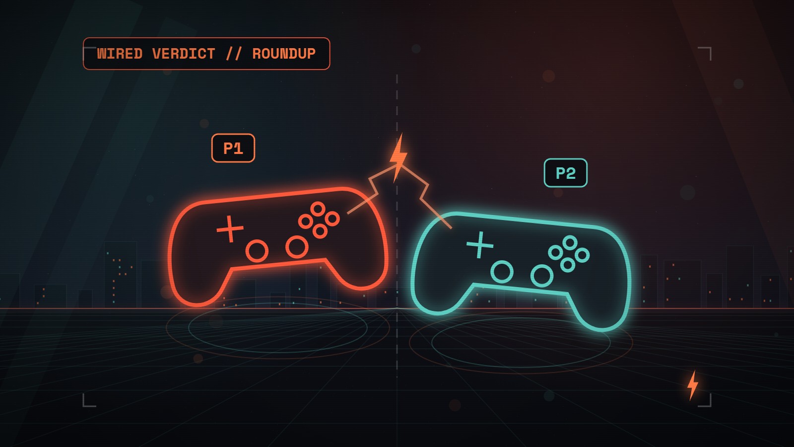 Two glowing controllers on split stages linked by a lightning bolt, P1 and P2 chips, above a neon circuit city